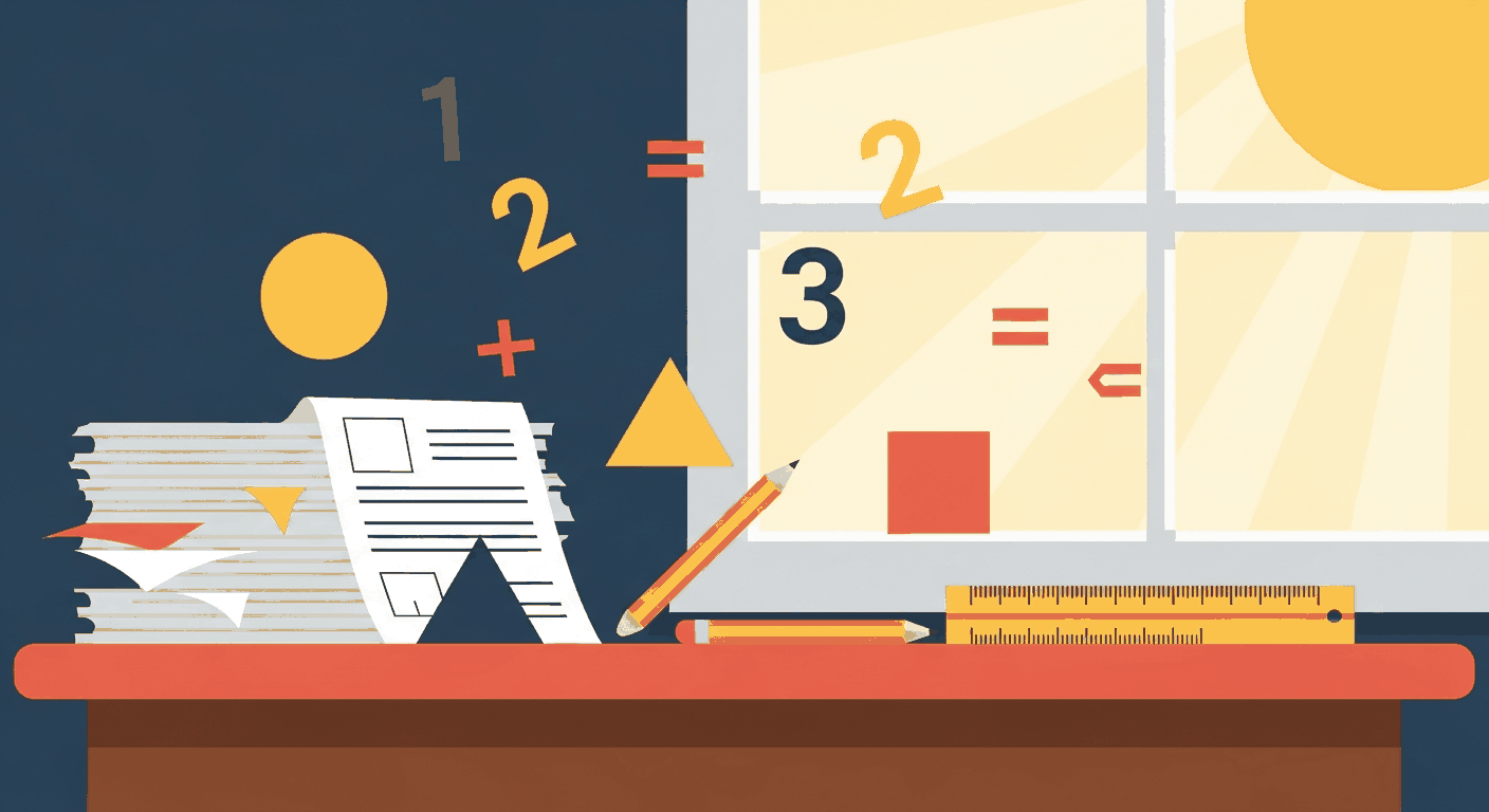 Decorative illustration of printable worksheet pages and pencils